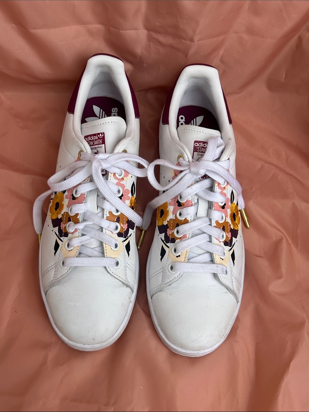adidas White Sneakers with Pink, Yellow & Purple Floral Accents